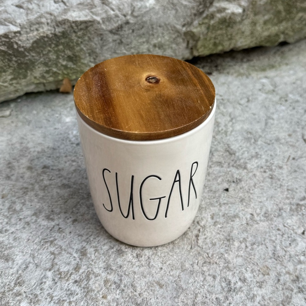 Rae Dunn SUGAR White Ceramic Cellar with Wooden Lid